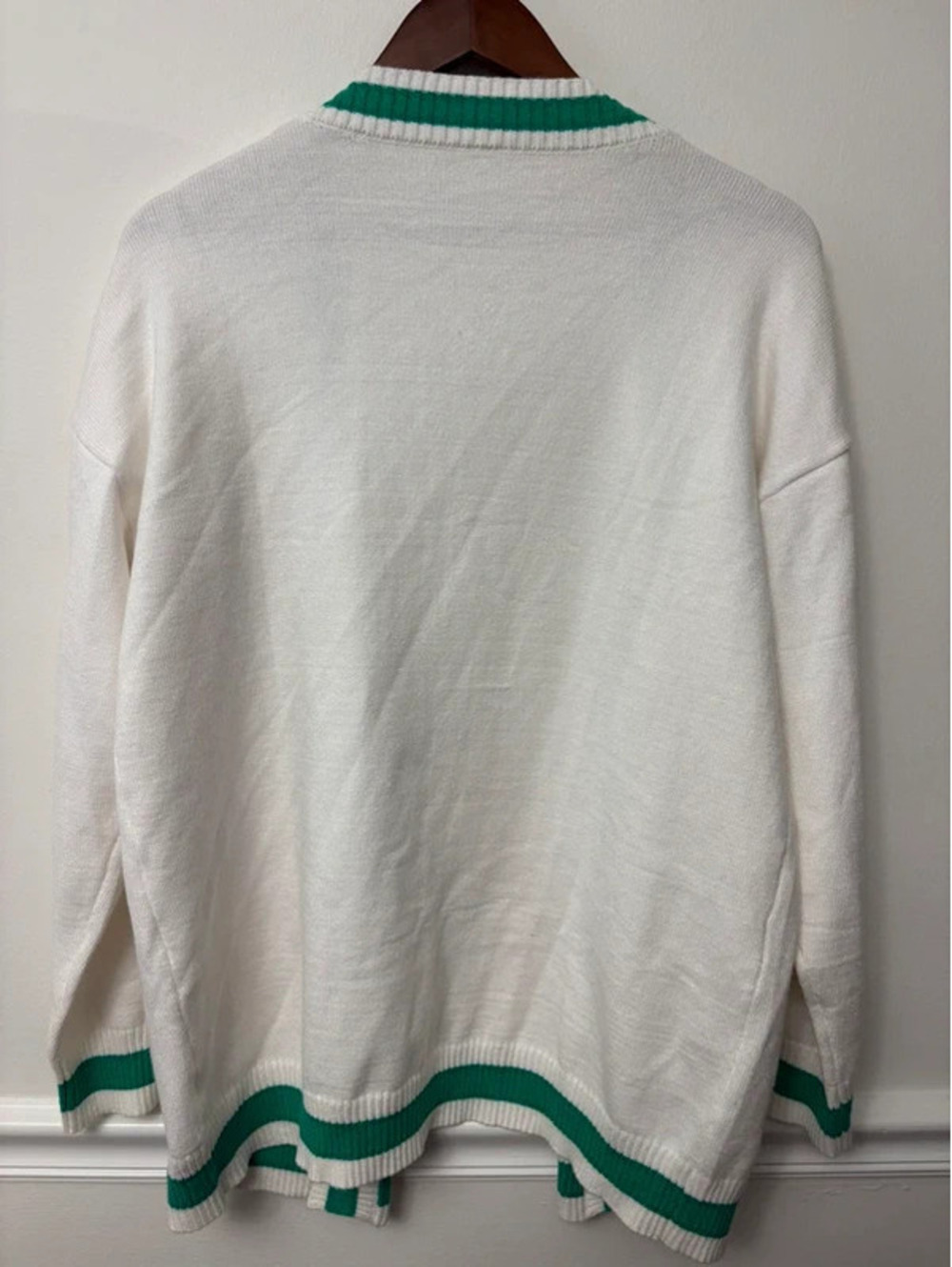 Women’s Large Ivory Green Striped Open-Front Varsity Cardigan - Picture 5 of 5